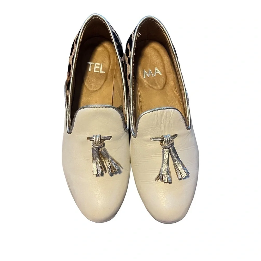 Telma White Leather Loafers Animal Print Silver Heel